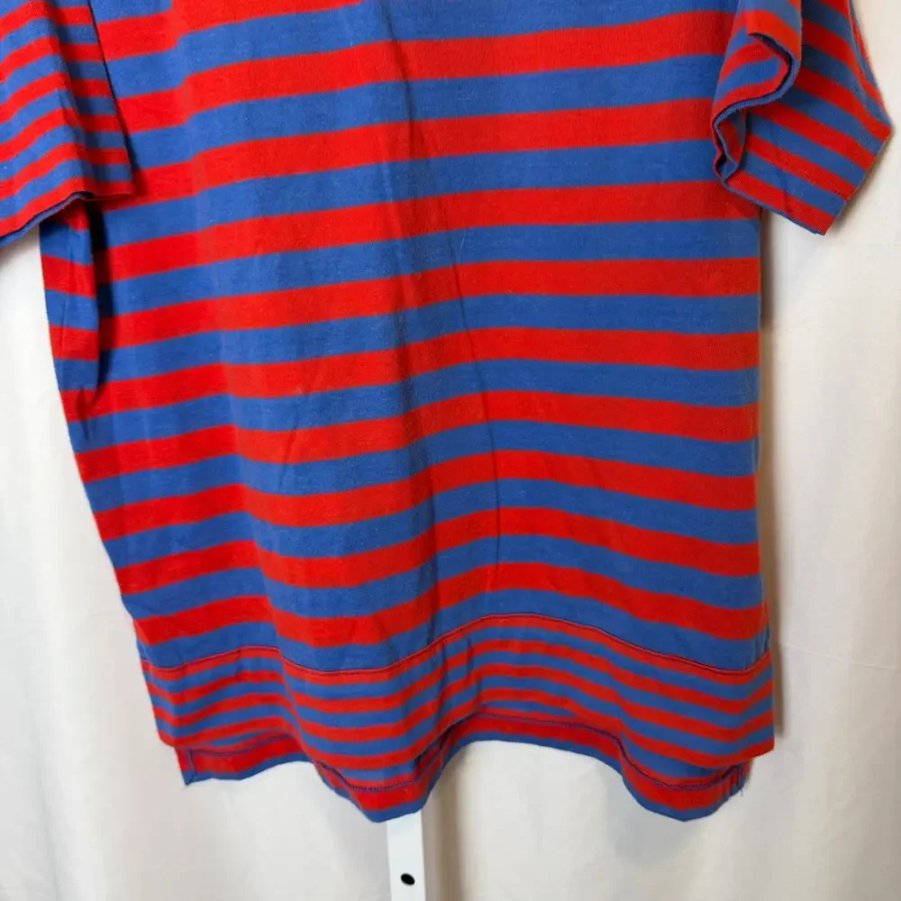 VTG 80s Levi’s Red Blue Striped Henley Shirt L Made in Korea Sleeve Logo Preppy